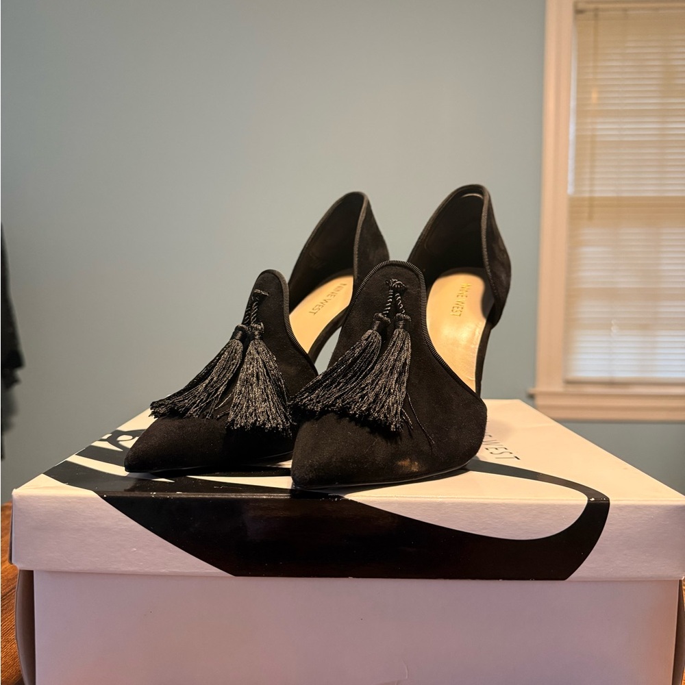 Nine West Black Suede Pointed-Toe Heels with Tassels